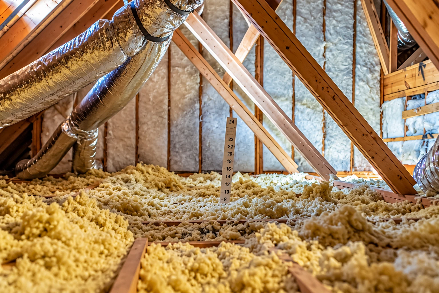 An insulated attic with yellow blown-in insulation across the floor, silver ducts, and a marked depth ruler.