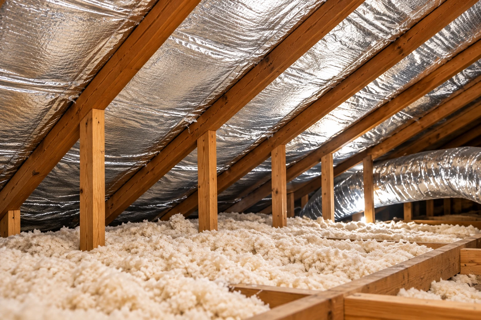 Loose-fill insulation covers an attic floor beneath wooden roof rafters lined with reflective foil insulation.