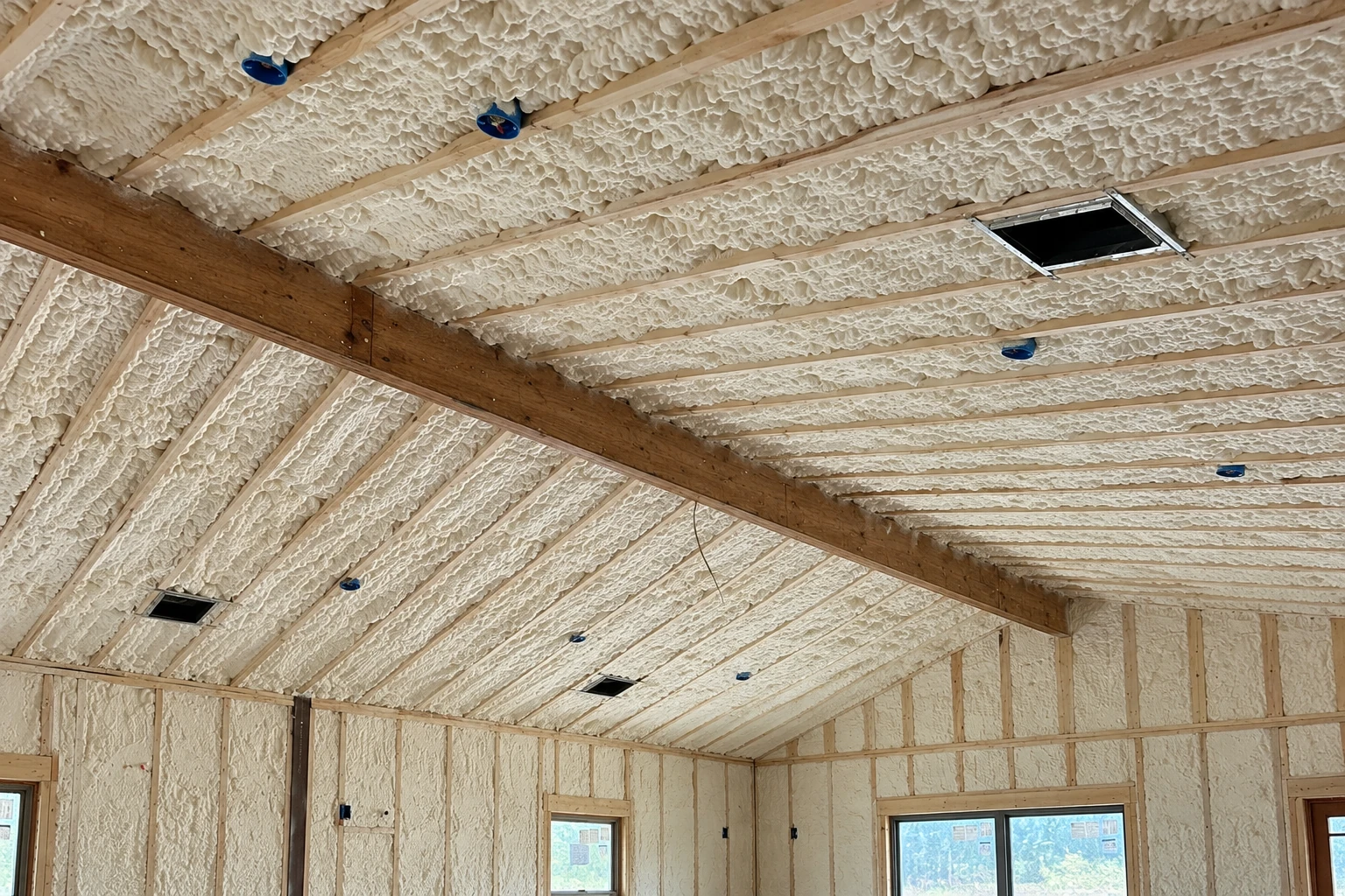 White spray foam fills the roof rafters and walls of an unfinished room with exposed wood framing and windows.