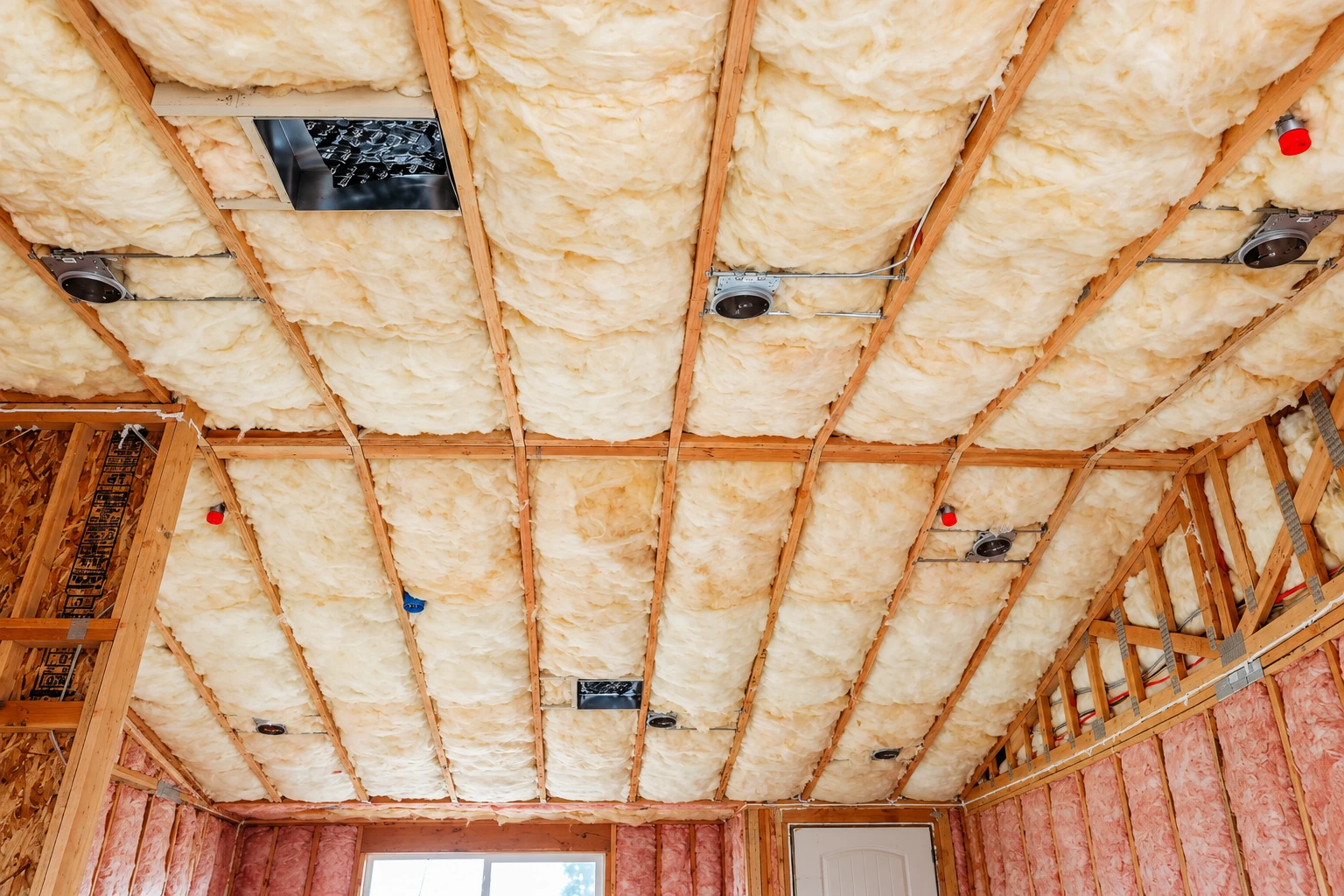 Fiberglass insulation fills the ceiling cavities between exposed wooden joists above a room under construction.