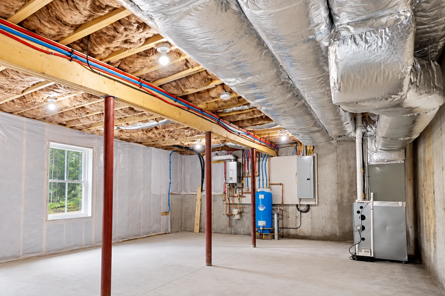 Basement with insulated ceiling bays, large silver HVAC ducts, utility equipment, and a clear concrete floor.