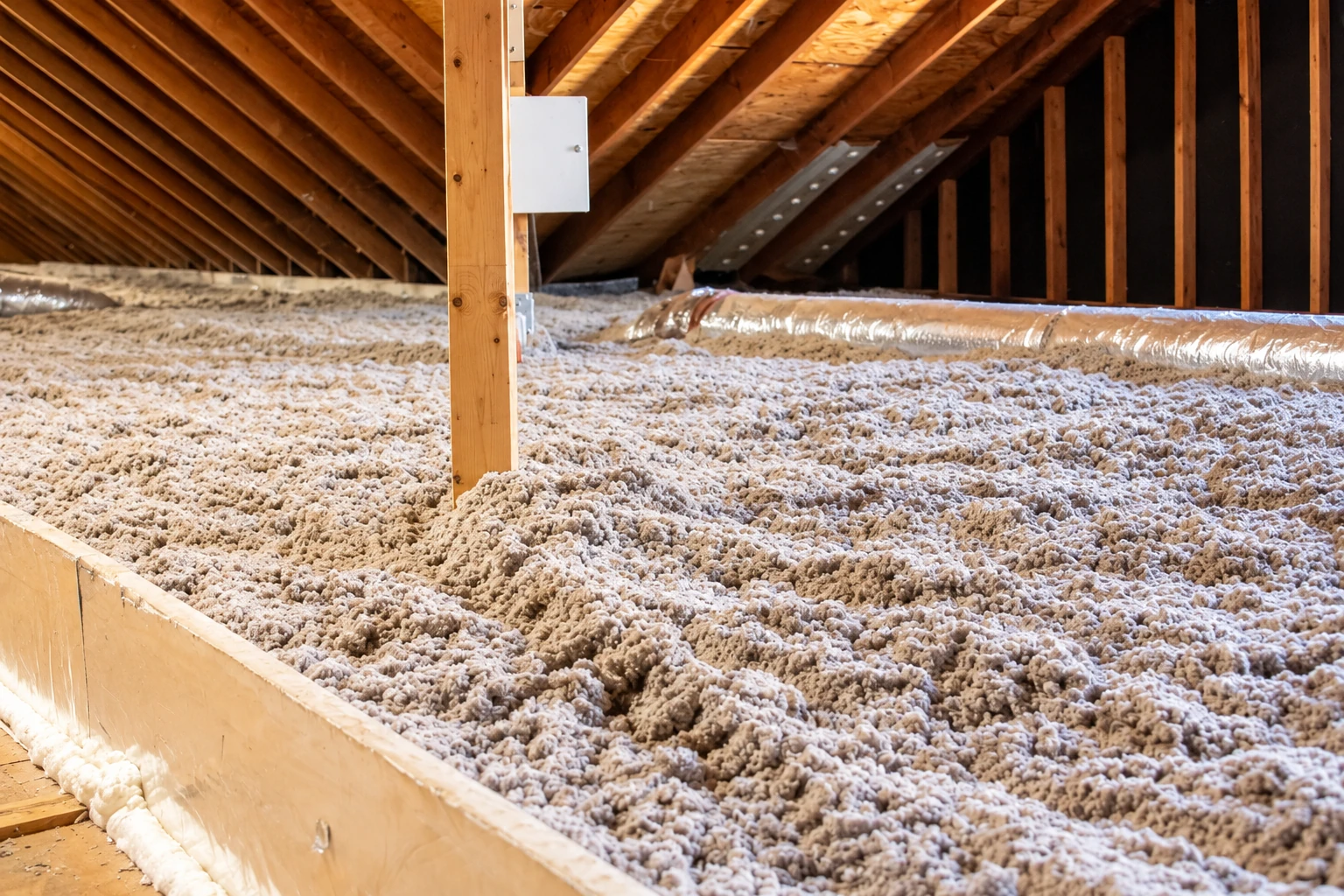 Loose-fill insulation covers an attic floor beneath exposed wooden rafters and a wrapped duct.