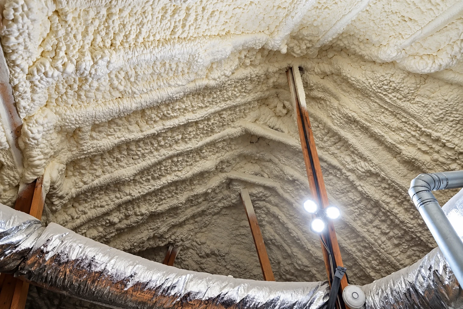 Close view of thick, textured spray foam covering attic roof framing around exposed wooden beams and ductwork.
