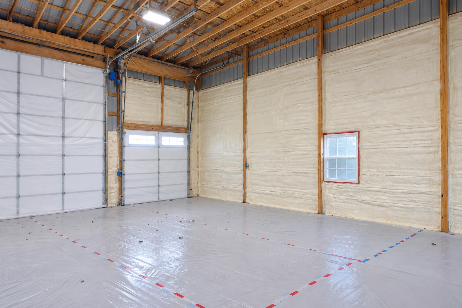 A large commercial building interior with white spray foam covering the walls between exposed wooden framing.