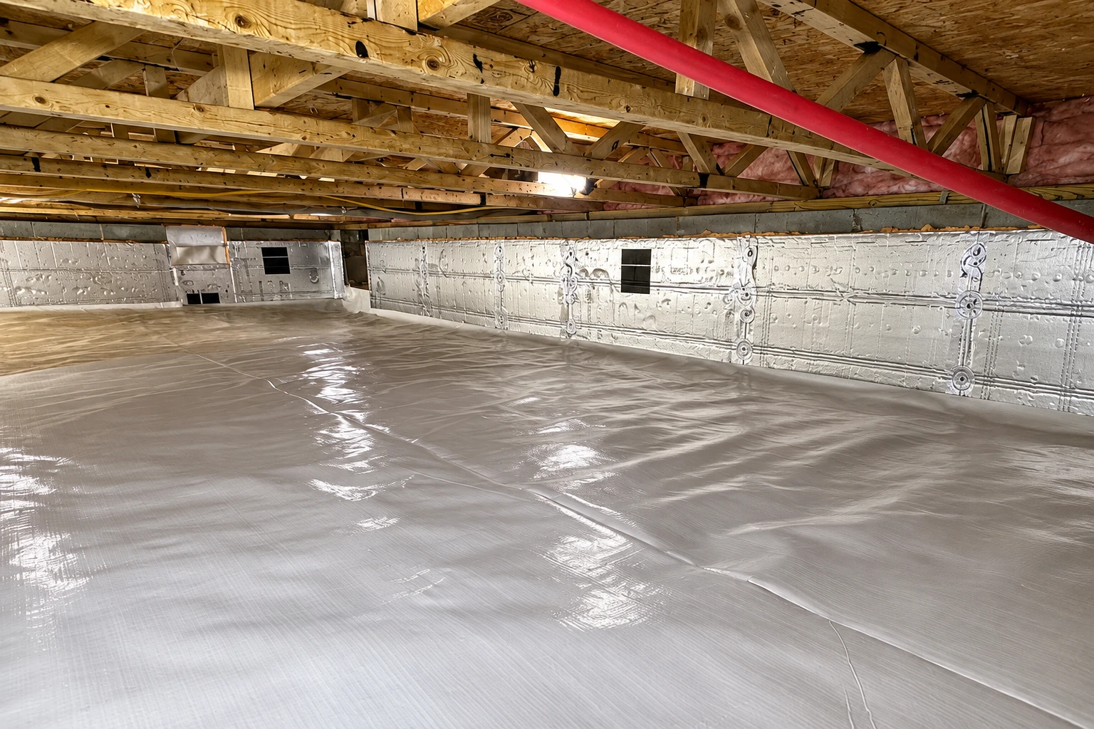 Crawl space with a shiny plastic vapor barrier covering the floor and rigid insulation panels lining the foundation walls.