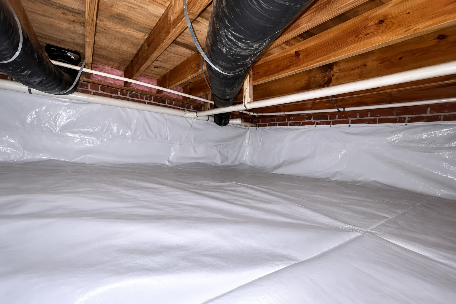 A crawl space with a white vapor barrier covering the floor and lower walls beneath exposed joists, ducts, and pipes.