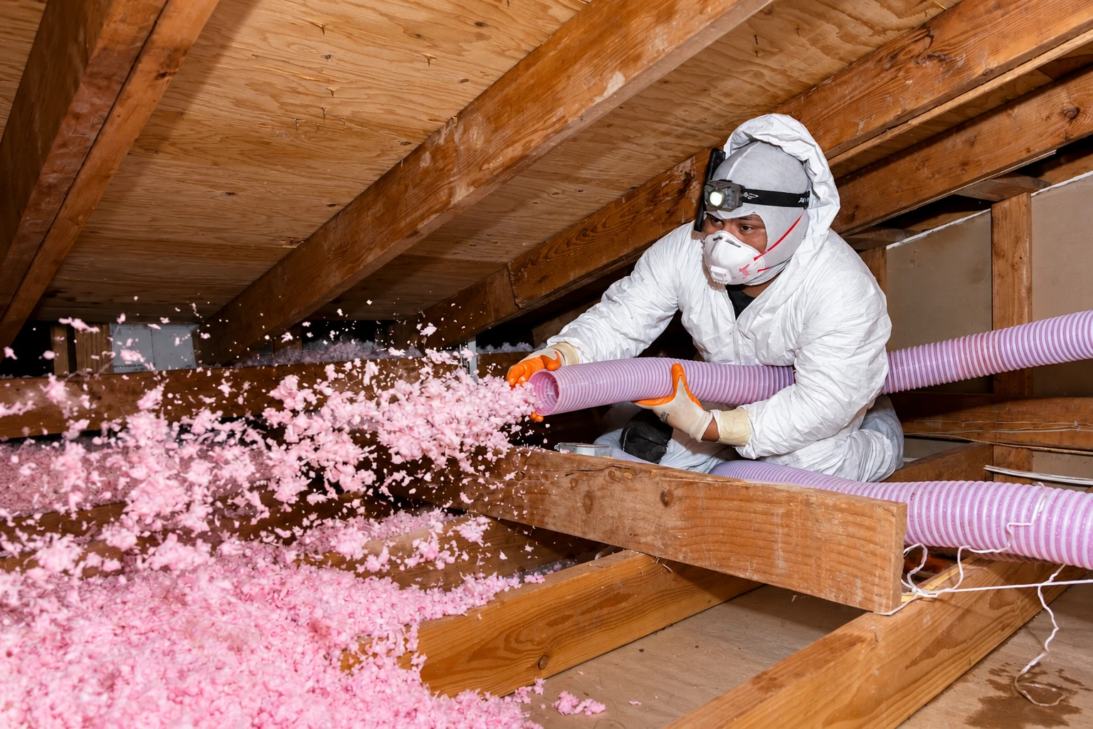 A worker in protective gear blows pink insulation through a hose into an attic between wooden rafters.