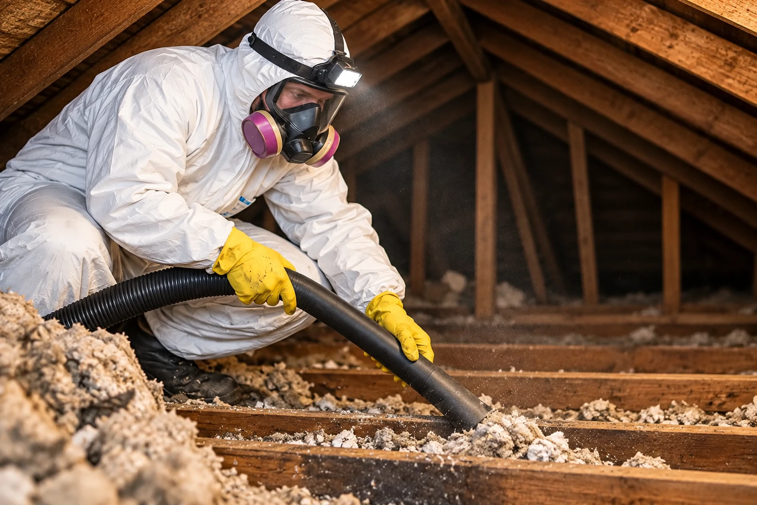 A worker in protective coveralls and a respirator uses a large vacuum hose to remove loose insulation from an attic.