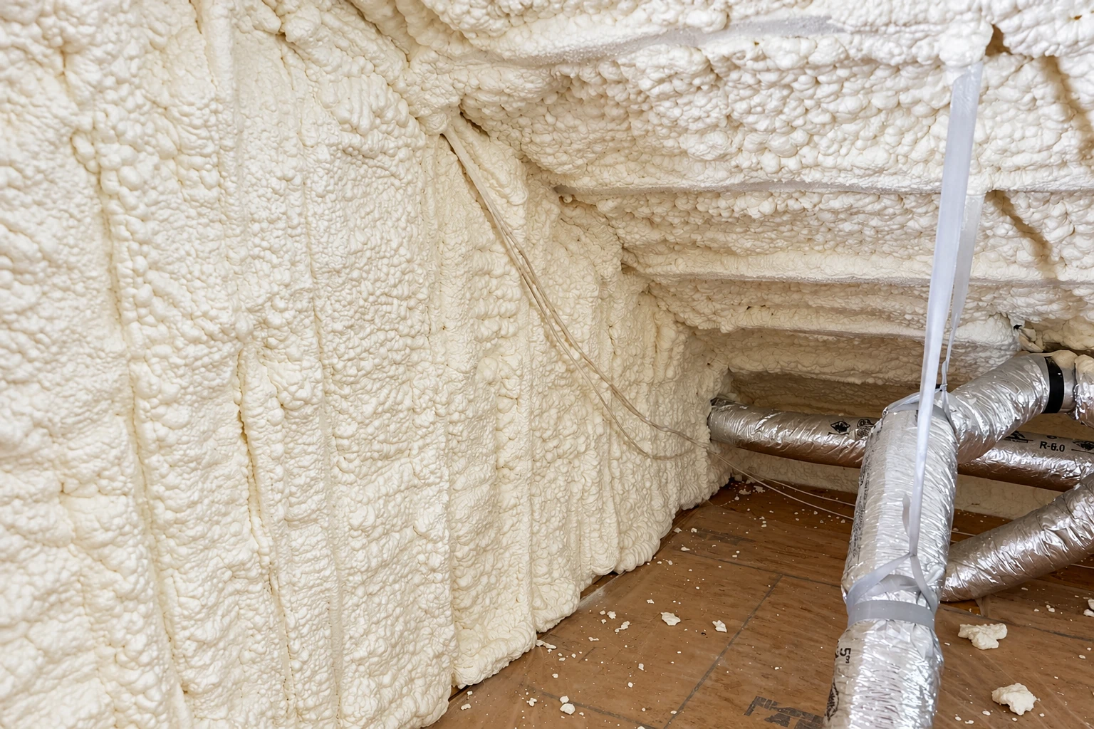 Attic rafters and walls densely coated with bumpy white open-cell spray foam, with flexible ducts on the floor.