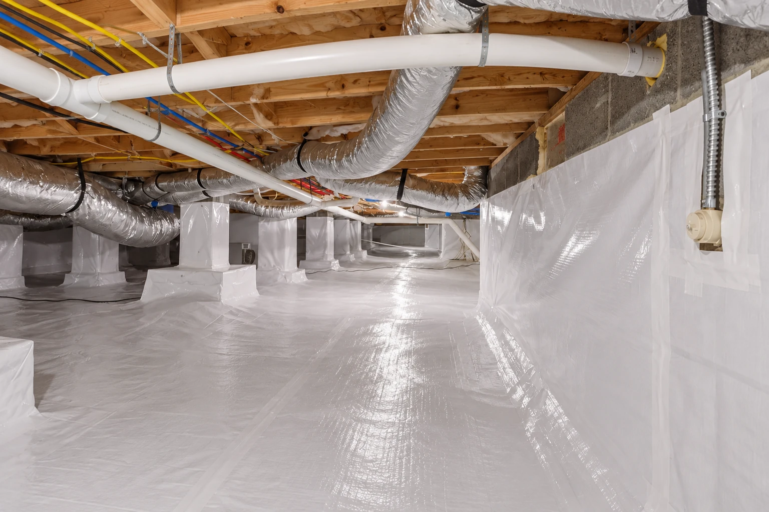 A crawl space lined with white vapor barrier sheeting across the floor and foundation walls, beneath exposed joists and ducts.